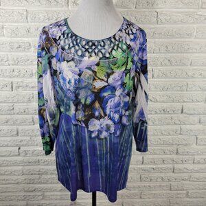 Chicos Womens Top 3 Standard XL 3/4 Sleeve Blue Floral Rhinestones FLO275XE